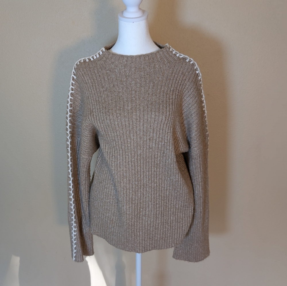 Halogen Tan Ribbed Knit Sweater Contrast Whipstitch Mock Neck
